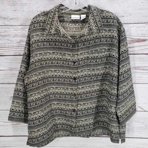 Chico's Women's Tribal Print Button Up 3/4 Sleeve Top Shirt Jacket Size 3 - Picture 1 of 12